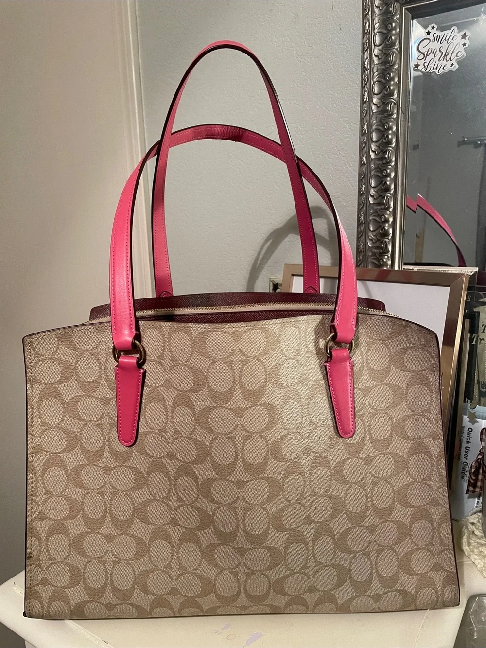 Coach Beige Signature Tote with Pink Handles